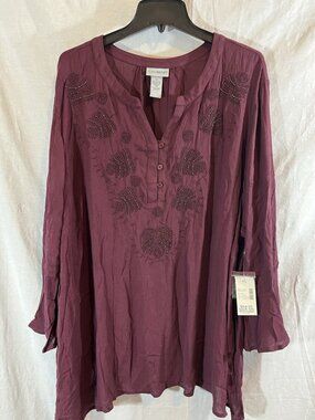 Catherines Women’s NWT 4X Wine Red Embroidered Beaded Blouse